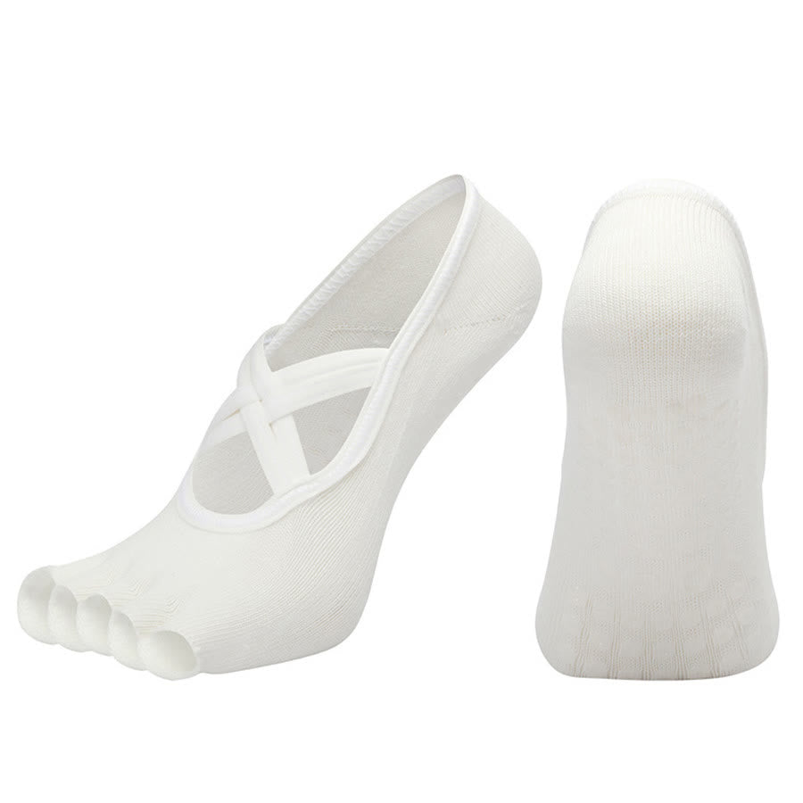 Calzini da yoga da donna Olivenorma con cinturino incrociato e cinque dita, antiscivolo in cotone, per Pilates, Barre e allenamento di stabilità. - Bianco - Punta aperta - 10 paia - image 21
