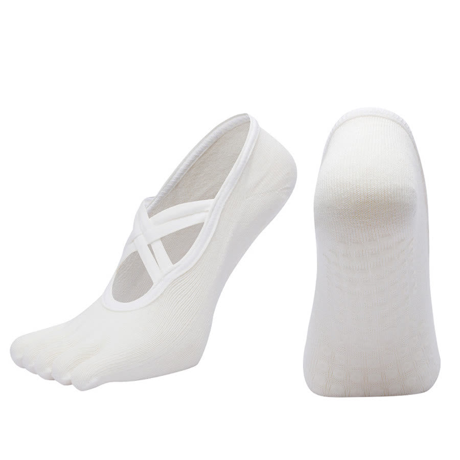 Calzini da yoga da donna Olivenorma con cinturino incrociato e cinque dita, antiscivolo in cotone, per Pilates, Barre e allenamento di stabilità. - Bianco - Punta chiusa - 10 paia - image 5