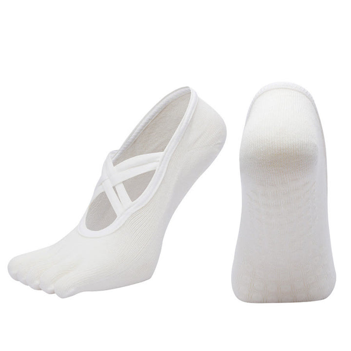 Calzini da yoga da donna Olivenorma con cinturino incrociato e cinque dita, antiscivolo in cotone, per Pilates, Barre e allenamento di stabilità. - Bianco - Punta chiusa - 10 paia - image 5