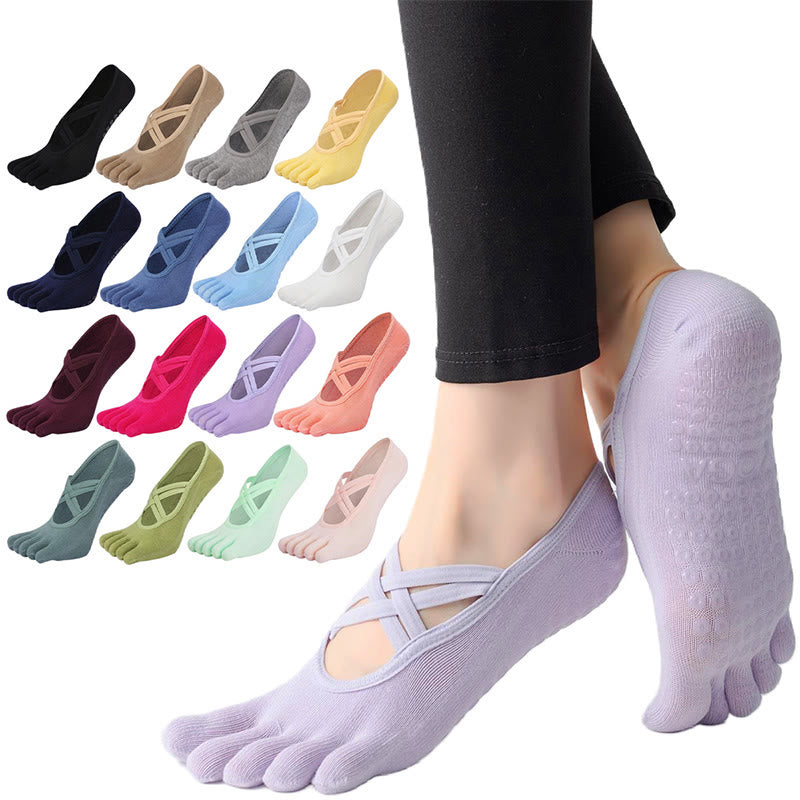 Calzini da yoga da donna Olivenorma con cinturino incrociato e cinque dita, antiscivolo in cotone, per Pilates, Barre e allenamento di stabilità. - Viola - Punta chiusa - 10 paia - image 0