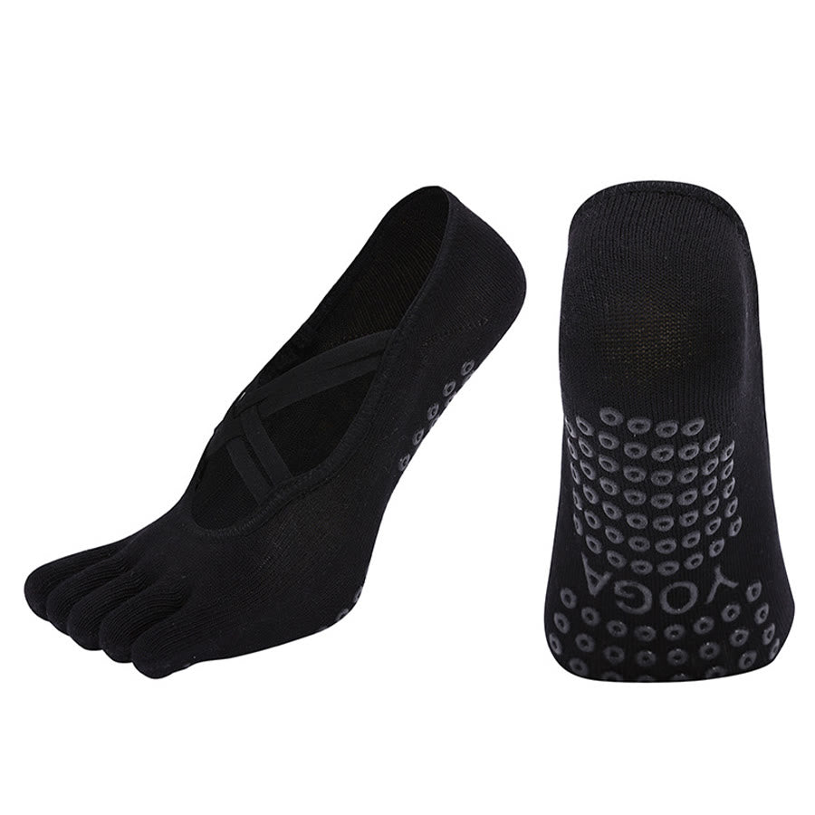 Calzini da yoga da donna Olivenorma con cinturino incrociato e cinque dita, antiscivolo in cotone, per Pilates, Barre e allenamento di stabilità. - Nero - Punta chiusa - 10 paia - image 6
