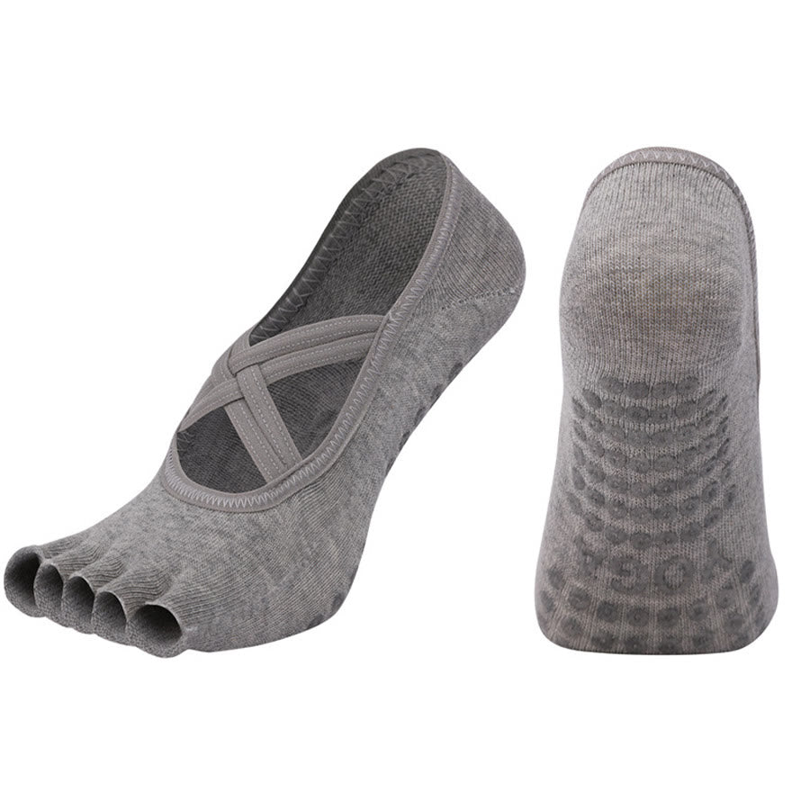 Calzini da yoga da donna Olivenorma con cinturino incrociato e cinque dita, antiscivolo in cotone, per Pilates, Barre e allenamento di stabilità. - Grigio - Punta aperta - 10 paia - image 26
