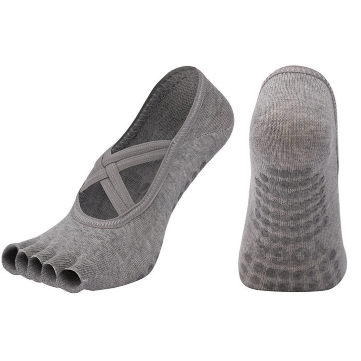 Calzini da yoga da donna Olivenorma con cinturino incrociato e cinque dita, antiscivolo in cotone, per Pilates, Barre e allenamento di stabilità. - Grigio - Punta aperta - 10 paia - image 26