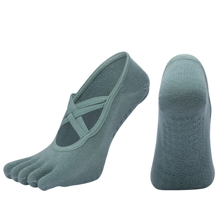 Calzini da yoga da donna Olivenorma con cinturino incrociato e cinque dita, antiscivolo in cotone, per Pilates, Barre e allenamento di stabilità. - Verde scuro - Punta chiusa - 10 paia - image 9