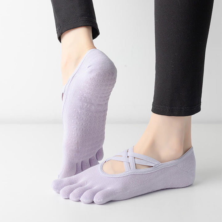 Calzini da yoga da donna Olivenorma con cinturino incrociato e cinque dita, antiscivolo in cotone, per Pilates, Barre e allenamento di stabilità. - image 2