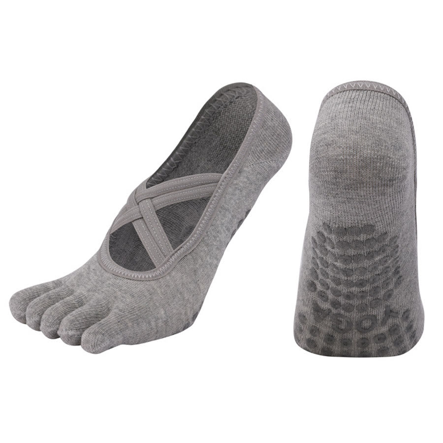Calzini da yoga da donna Olivenorma con cinturino incrociato e cinque dita, antiscivolo in cotone, per Pilates, Barre e allenamento di stabilità. - Grigio - Punta chiusa - 10 paia - image 7