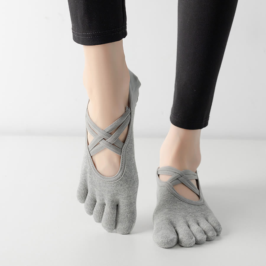 Calzini da yoga da donna Olivenorma con cinturino incrociato e cinque dita, antiscivolo in cotone, per Pilates, Barre e allenamento di stabilità. - image 8
