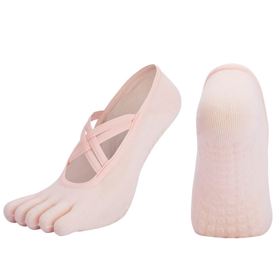 Calzini da yoga da donna Olivenorma con cinturino incrociato e cinque dita, antiscivolo in cotone, per Pilates, Barre e allenamento di stabilità. - Rosa - Punta chiusa - 10 paia - image 11