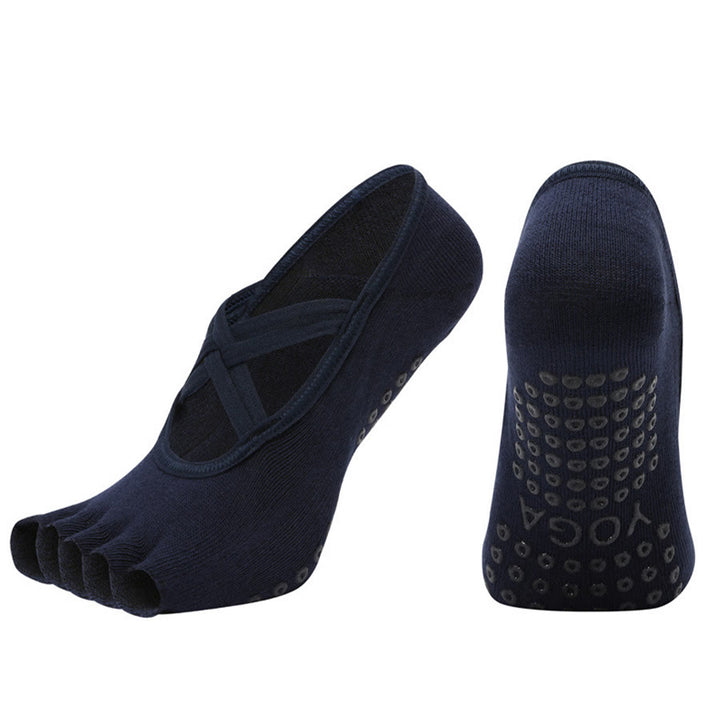 Calzini da yoga da donna Olivenorma con cinturino incrociato e cinque dita, antiscivolo in cotone, per Pilates, Barre e allenamento di stabilità. - Blu navy - Punta aperta - 10 paia - image 24