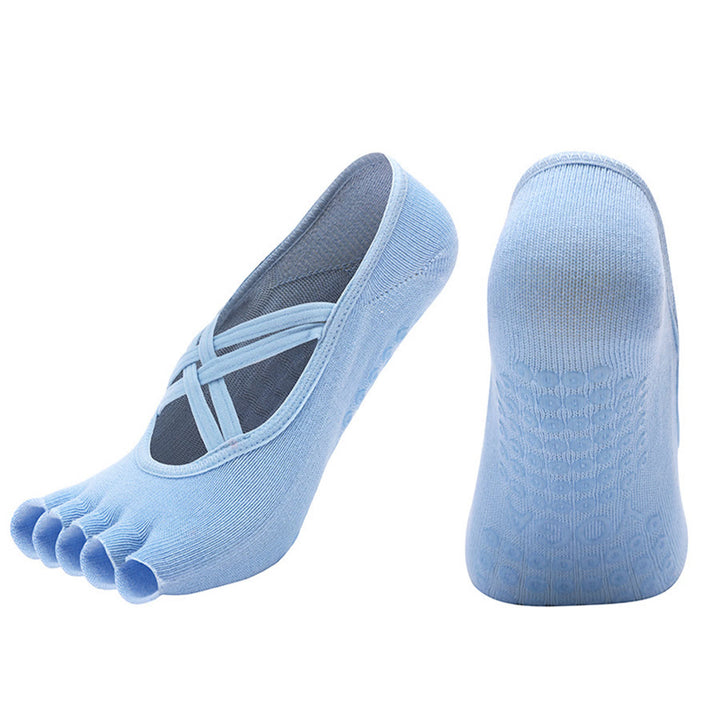 Calzini da yoga da donna Olivenorma con cinturino incrociato e cinque dita, antiscivolo in cotone, per Pilates, Barre e allenamento di stabilità. - Azzurro chiaro - Punta aperta - 10 paia - image 32