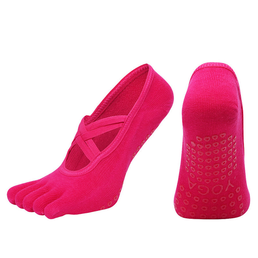 Calzini da yoga da donna Olivenorma con cinturino incrociato e cinque dita, antiscivolo in cotone, per Pilates, Barre e allenamento di stabilità. - Rosso rosa - Punta aperta - 10 paia - image 15