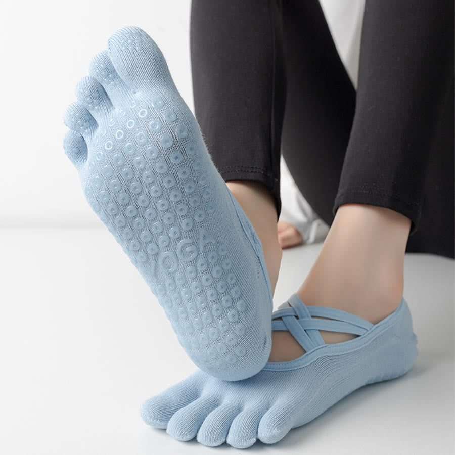 Calzini da yoga da donna Olivenorma con cinturino incrociato e cinque dita, antiscivolo in cotone, per Pilates, Barre e allenamento di stabilità. - image 4