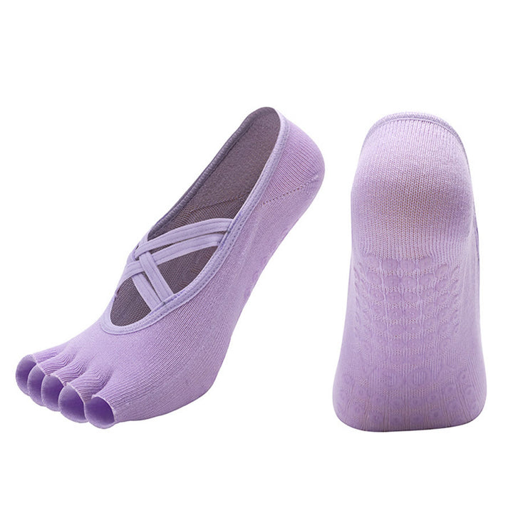 Calzini da yoga da donna Olivenorma con cinturino incrociato e cinque dita, antiscivolo in cotone, per Pilates, Barre e allenamento di stabilità. - Viola - Punta aperta - 10 paia - image 20