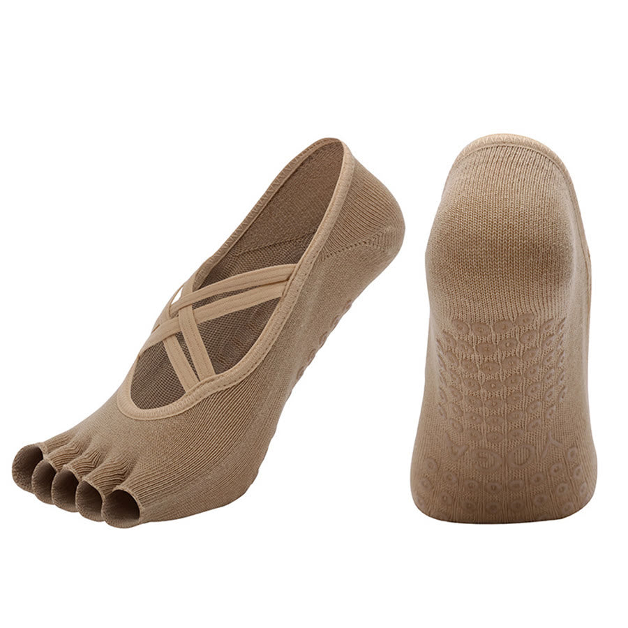 Calzini da yoga da donna Olivenorma con cinturino incrociato e cinque dita, antiscivolo in cotone, per Pilates, Barre e allenamento di stabilità. - Cachi - Punta aperta - 10 paia - image 28