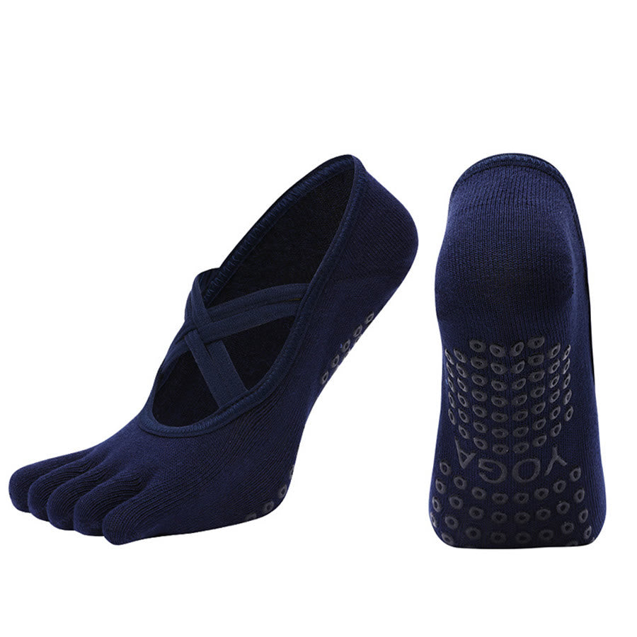 Calzini da yoga da donna Olivenorma con cinturino incrociato e cinque dita, antiscivolo in cotone, per Pilates, Barre e allenamento di stabilità. - Blu navy - Punta chiusa - 10 paia - image 12