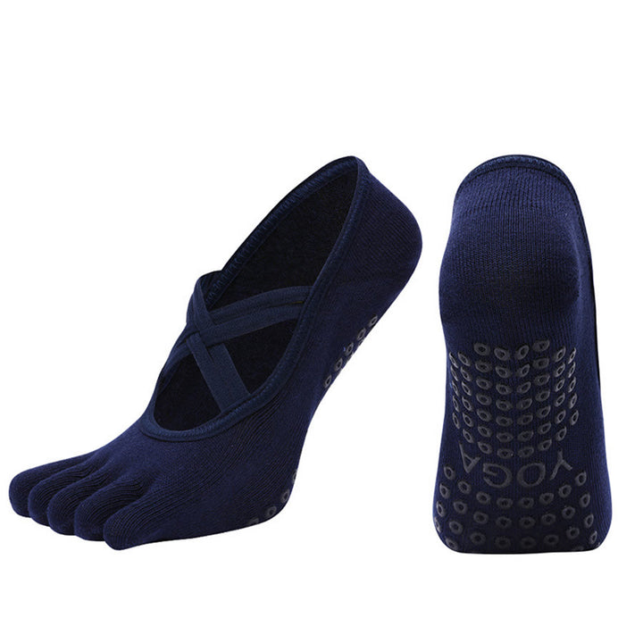Calzini da yoga da donna Olivenorma con cinturino incrociato e cinque dita, antiscivolo in cotone, per Pilates, Barre e allenamento di stabilità. - Blu navy - Punta chiusa - 10 paia - image 12
