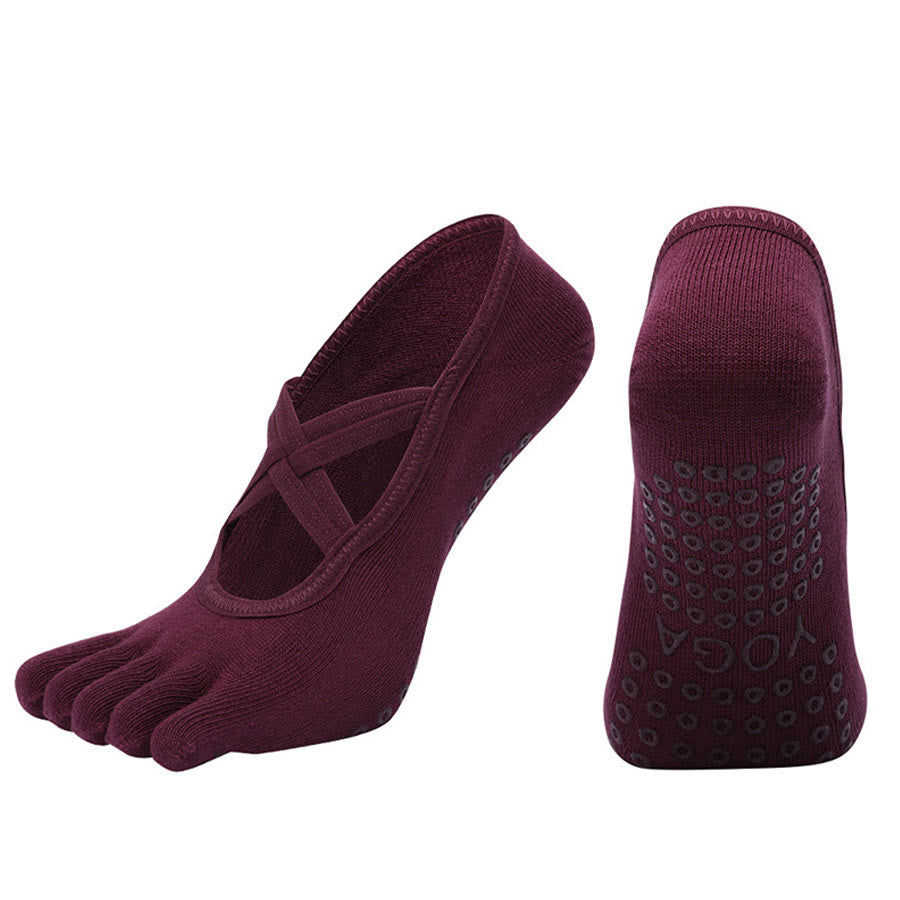 Calzini da yoga da donna Olivenorma con cinturino incrociato e cinque dita, antiscivolo in cotone, per Pilates, Barre e allenamento di stabilità. - Rosso rosa - Punta chiusa - 10 paia - image 13