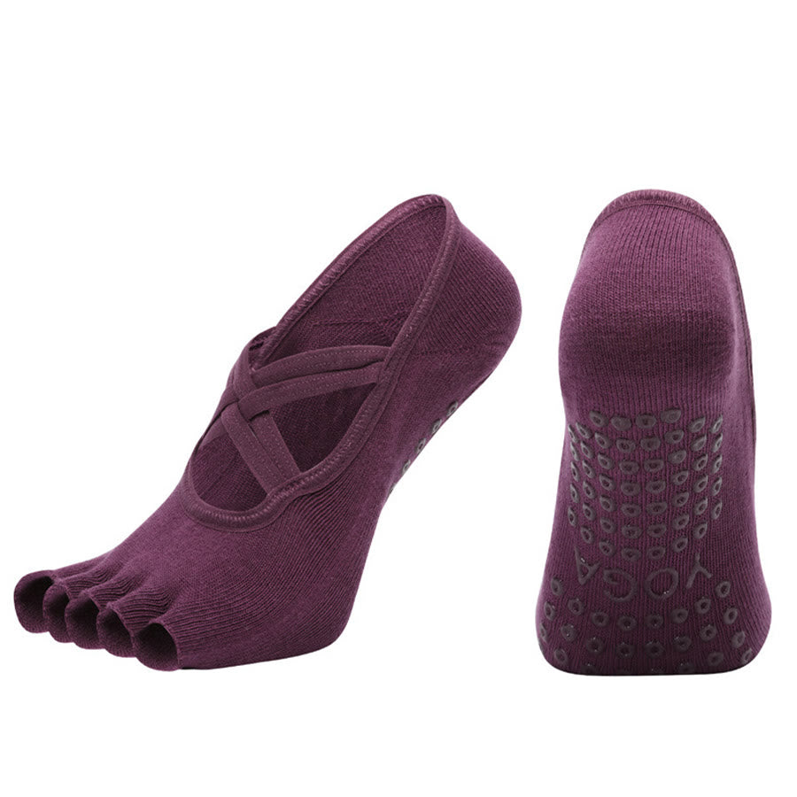 Calzini da yoga da donna Olivenorma con cinturino incrociato e cinque dita, antiscivolo in cotone, per Pilates, Barre e allenamento di stabilità. - Viola intenso - Punta aperta - 10 paia - image 29