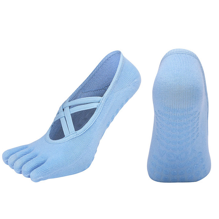 Calzini da yoga da donna Olivenorma con cinturino incrociato e cinque dita, antiscivolo in cotone, per Pilates, Barre e allenamento di stabilità. - Azzurro chiaro - Punta chiusa - 10 paia - image 3