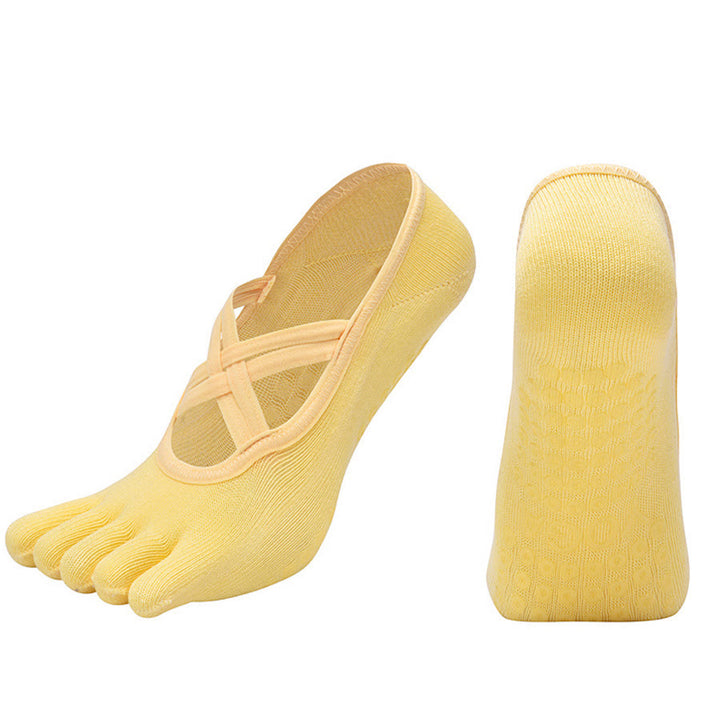 Calzini da yoga da donna Olivenorma con cinturino incrociato e cinque dita, antiscivolo in cotone, per Pilates, Barre e allenamento di stabilità. - Giallo - Punta chiusa - 10 paia - image 16