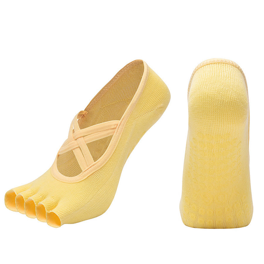 Calzini da yoga da donna Olivenorma con cinturino incrociato e cinque dita, antiscivolo in cotone, per Pilates, Barre e allenamento di stabilità. - Giallo - Punta aperta - 10 paia - image 33