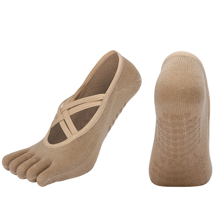 Calzini da yoga da donna Olivenorma con cinturino incrociato e cinque dita, antiscivolo in cotone, per Pilates, Barre e allenamento di stabilità. - Cachi - Punta chiusa - 10 paia - image 19