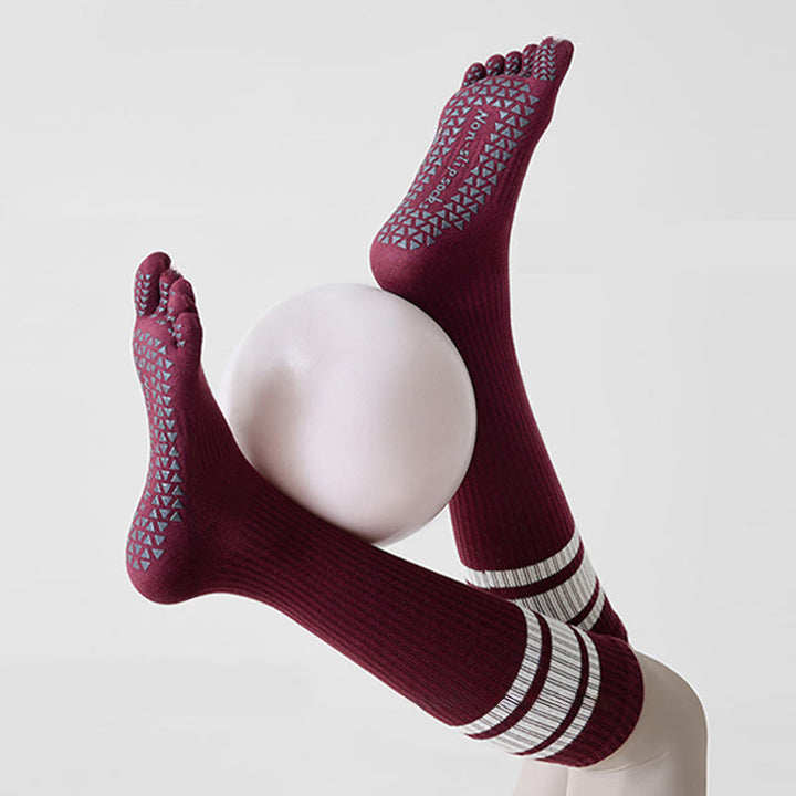 Calze da yoga Olivenorma a cinque dita in cotone antiscivolo, vestibilità slim, ideali per Pilates, Barre e altre attività all'aperto. - Marrone-rosso - 10 paia - image 0