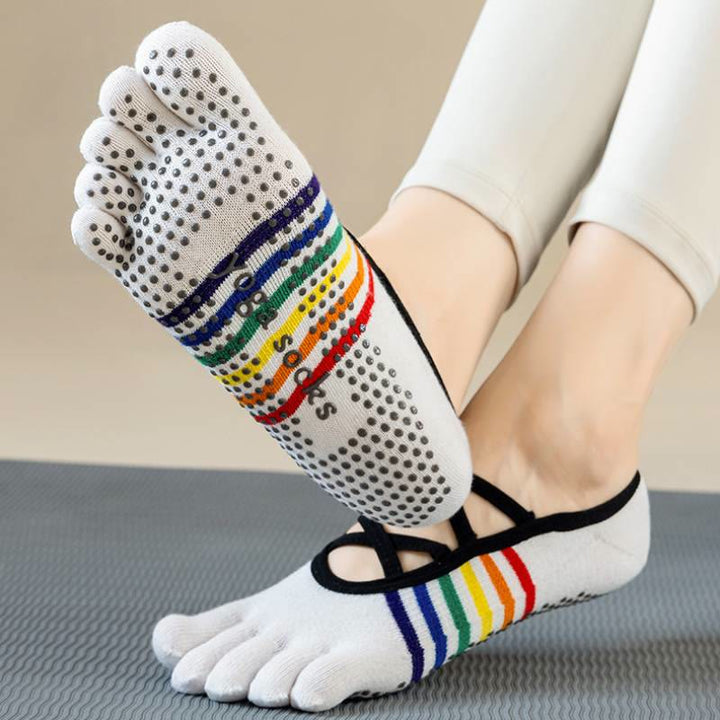 Calze da yoga da donna Olivenorma con cinturino incrociato, senza tallone, cinque dita, con blocchi di colore arcobaleno, antiscivolo e traspiranti. - Bianco - 10 paia - image 0