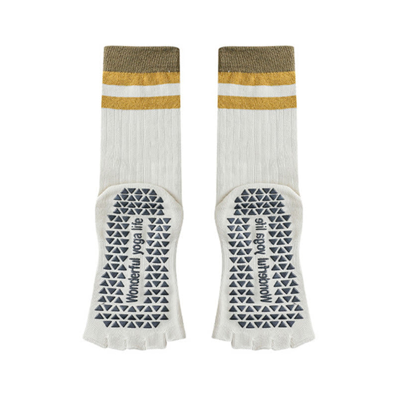Calze da yoga da donna Olivenorma a metà polpaccio con cinque dita, bordo a contrasto, antiscivolo e traspiranti in cotone. - Giallo-bianco - 10 paia - image 5