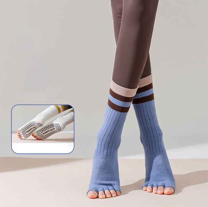 Calze da yoga da donna Olivenorma a metà polpaccio con cinque dita, bordo a contrasto, antiscivolo e traspiranti in cotone. - Blu - 10 paia - image 0