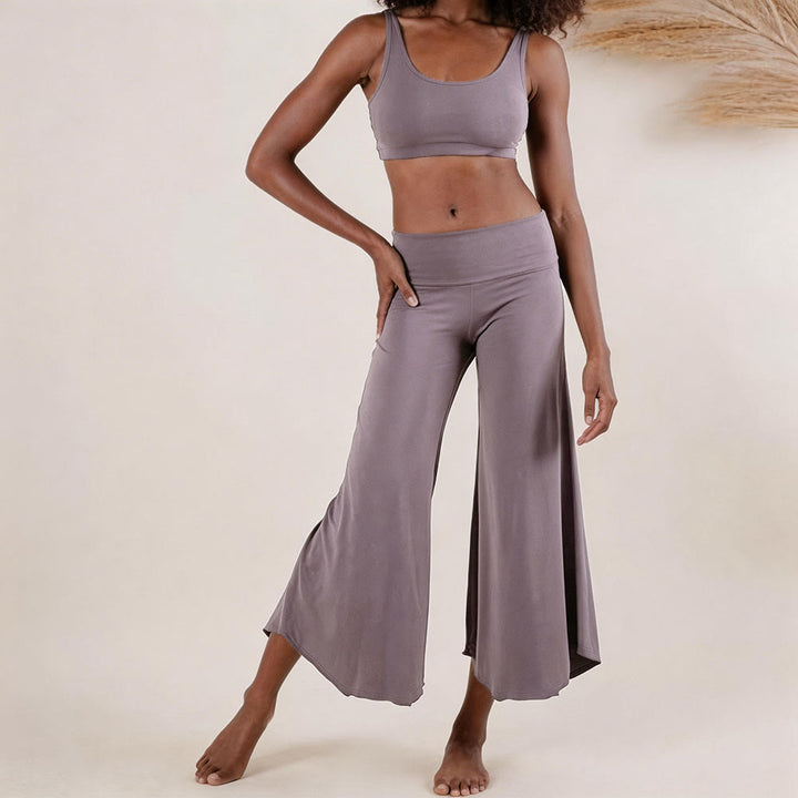 Pantaloni da yoga cropped a vita alta Olivenorma, tinta unita, elasticizzati, ideali per l'attività sportiva e il tempo libero, modello a zampa d'elefante da donna. - Viola lavanda - 2XL - image 0