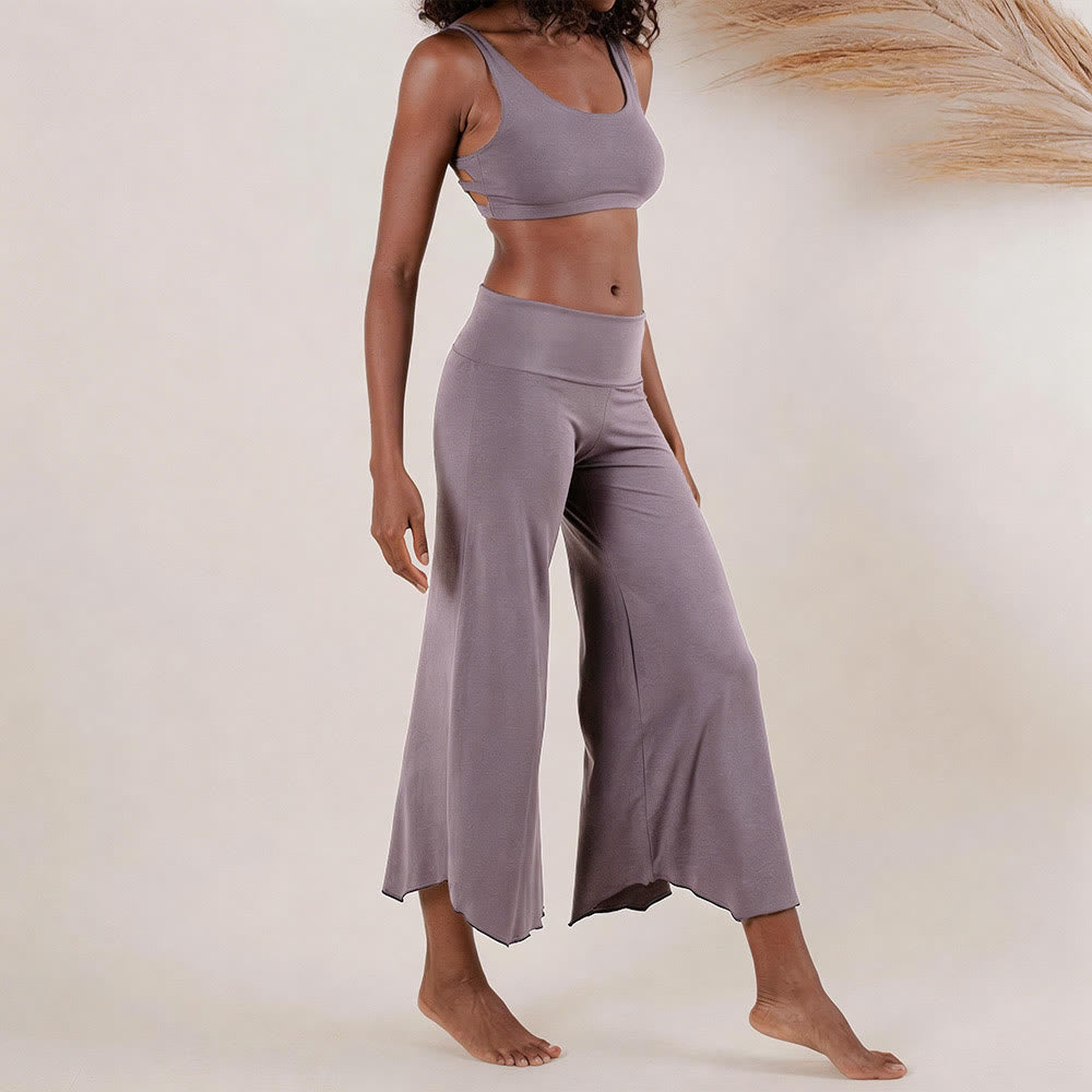 Pantaloni da yoga cropped a vita alta Olivenorma, tinta unita, elasticizzati, ideali per l'attività sportiva e il tempo libero, modello a zampa d'elefante da donna. - image 3