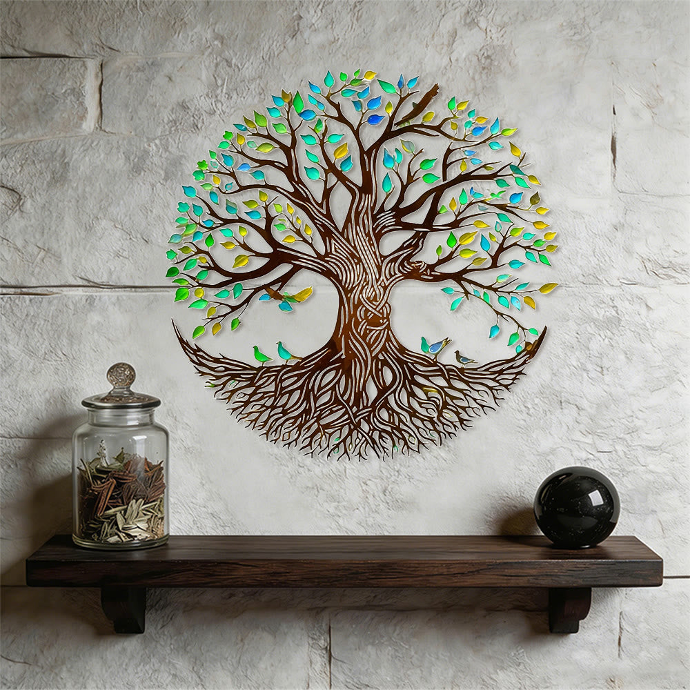Decorazione murale in metallo Olivenorma con albero della vita colorato e uccelli - Boho stravagante - image 0