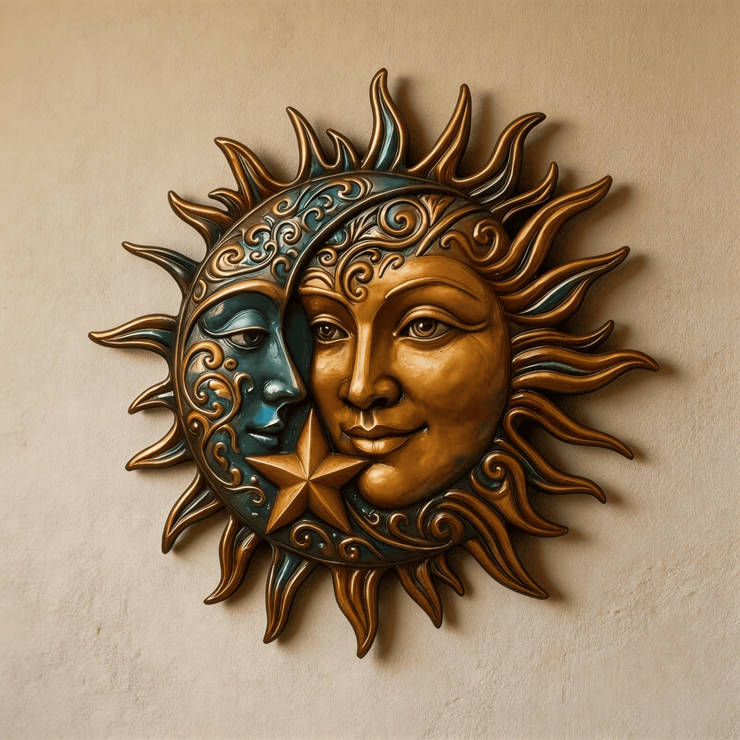 Decorazione murale celeste in metallo con volto di sole e luna Olivenorma - Celeste ornato - 38 cm*38 cm*1,2 mm - image 0