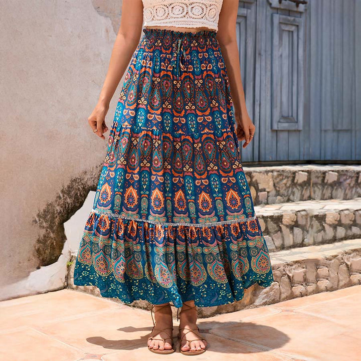 Abito lungo da donna Olivenorma con stampa paisley bohémien, vita alta e balze. - Blu pavone - XL - image 0