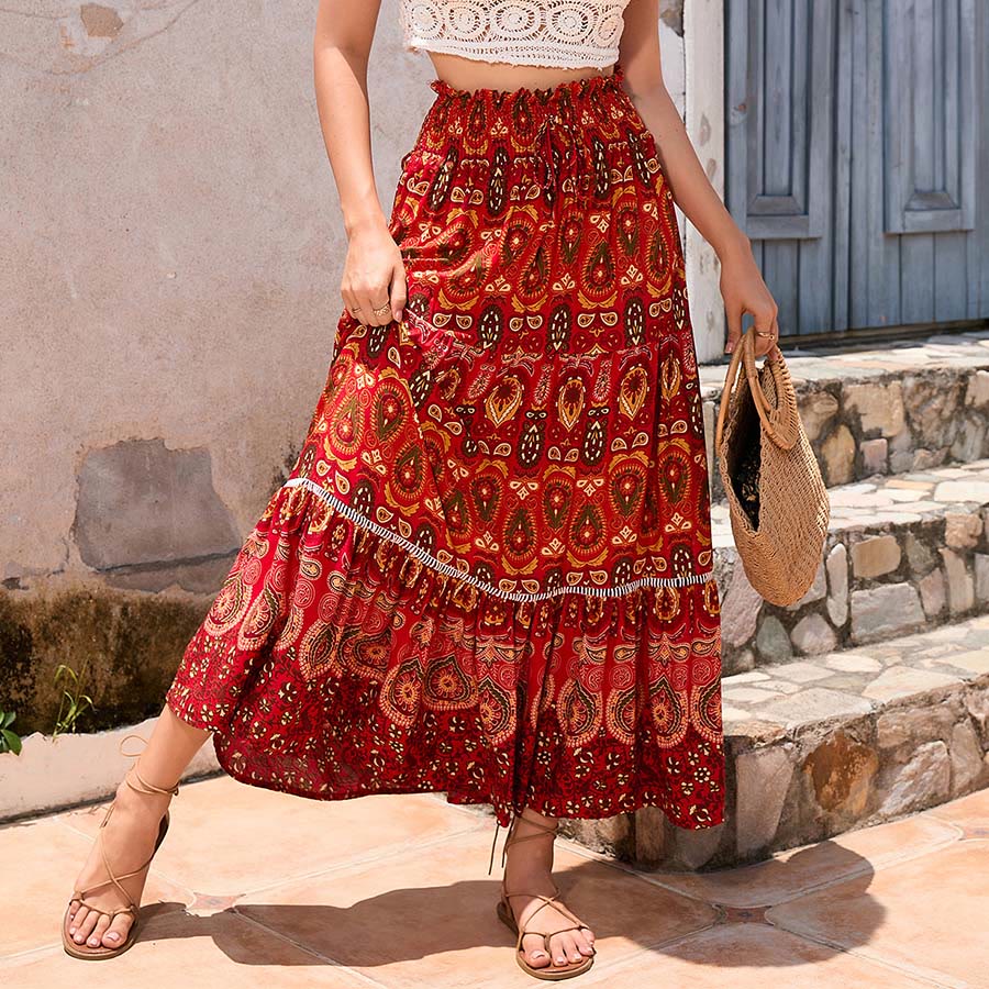 Abito lungo da donna Olivenorma con stampa paisley bohémien, vita alta e balze. - Rosso - XL - image 13
