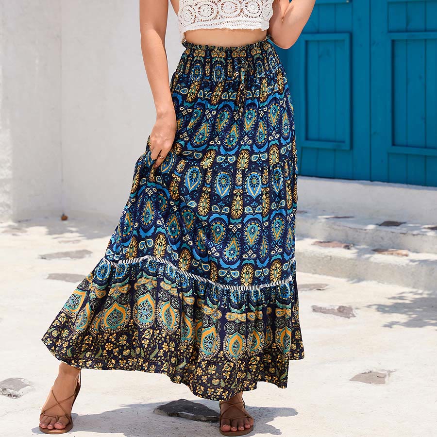 Abito lungo da donna Olivenorma con stampa paisley bohémien, vita alta e balze. - image 11
