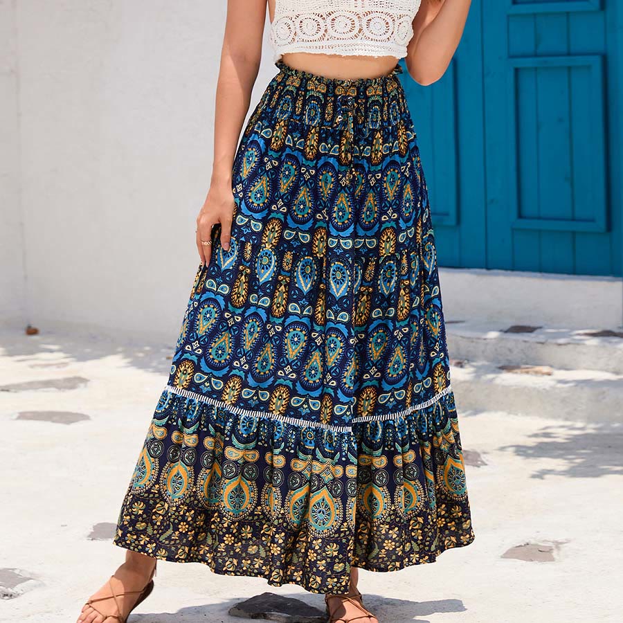 Abito lungo da donna Olivenorma con stampa paisley bohémien, vita alta e balze. - Blu navy - XL - image 8