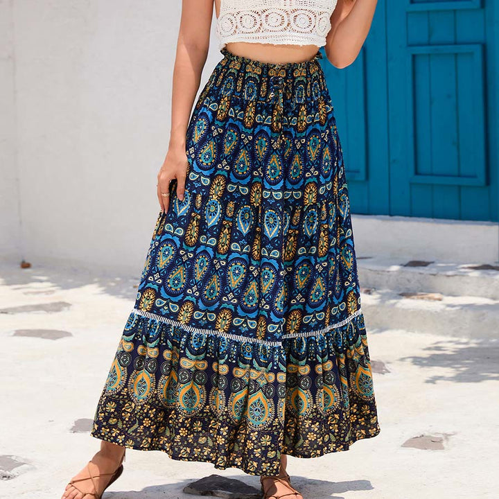 Abito lungo da donna Olivenorma con stampa paisley bohémien, vita alta e balze. - Blu navy - XL - image 8