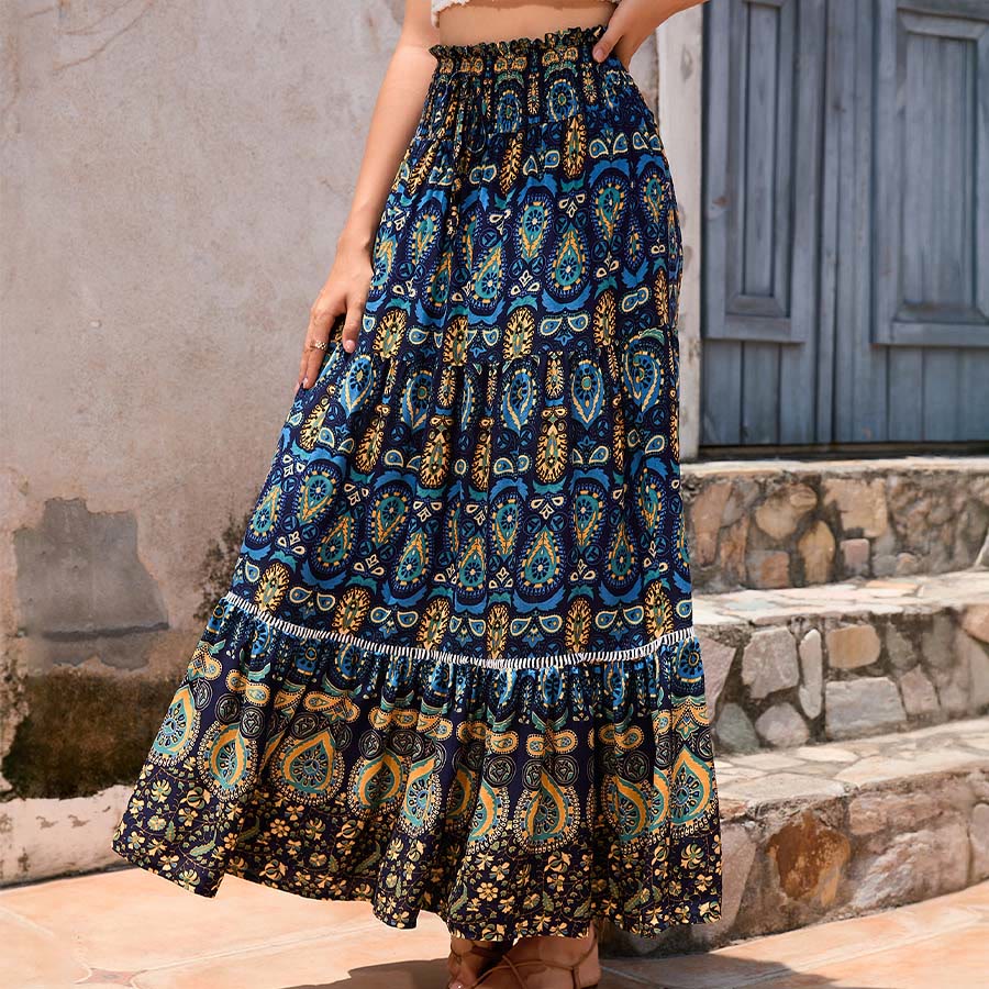 Abito lungo da donna Olivenorma con stampa paisley bohémien, vita alta e balze. - image 10