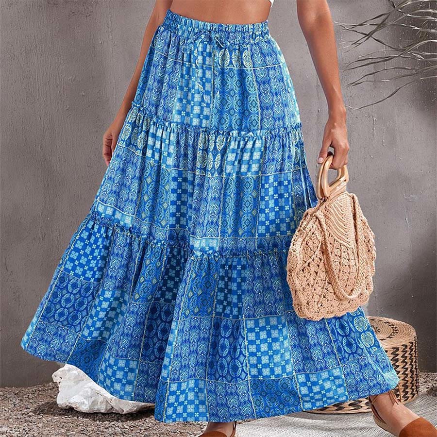 Abito lungo da donna Olivenorma con stampa patchwork bohémien, vita alta e balze. - Blu - 5XL - image 3