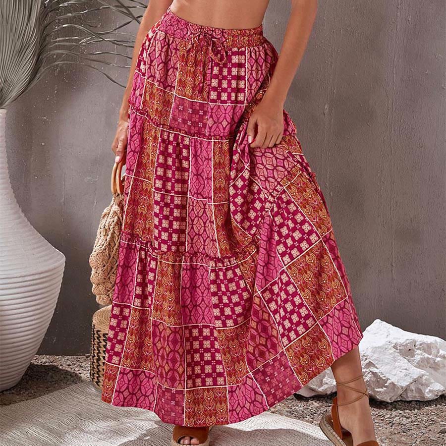 Abito lungo da donna Olivenorma con stampa patchwork bohémien, vita alta e balze. - image 1