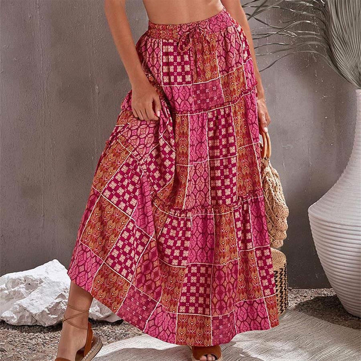 Abito lungo da donna Olivenorma con stampa patchwork bohémien, vita alta e balze. - Rosso - 5XL - image 0