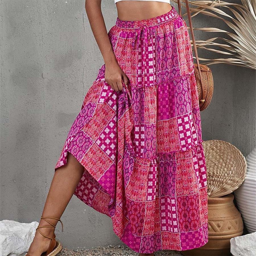 Abito lungo da donna Olivenorma con stampa patchwork bohémien, vita alta e balze. - Magenta - 5XL - image 4