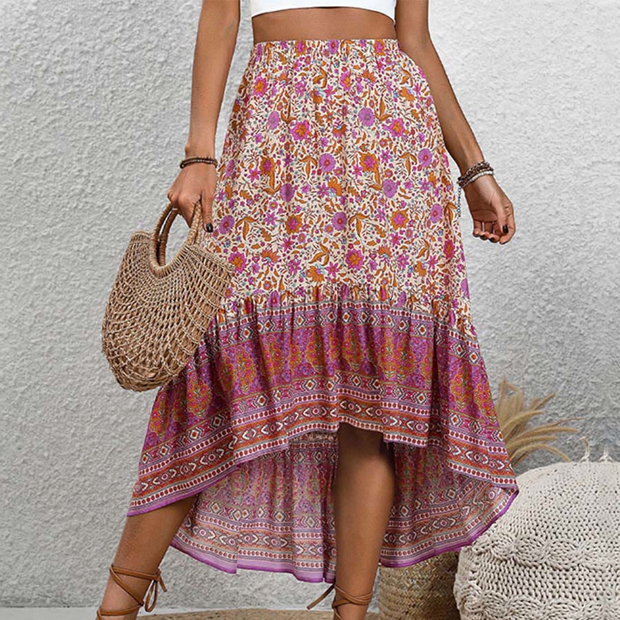 Abito lungo da donna Olivenorma con stampa floreale bohémien, vita alta e orlo asimmetrico. - Magenta - XL - image 0