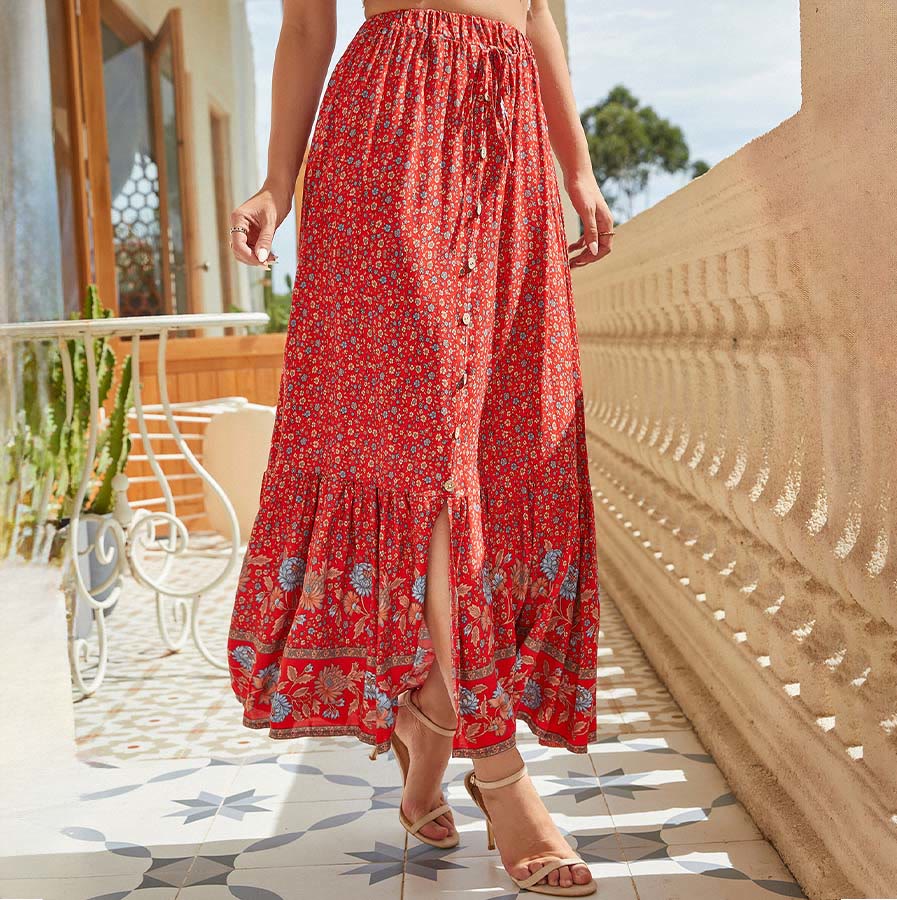 Abito lungo da donna Olivenorma con stampa floreale bohémien, vita alta, coulisse e bottoni, a balze. - Rosso - XL - image 13