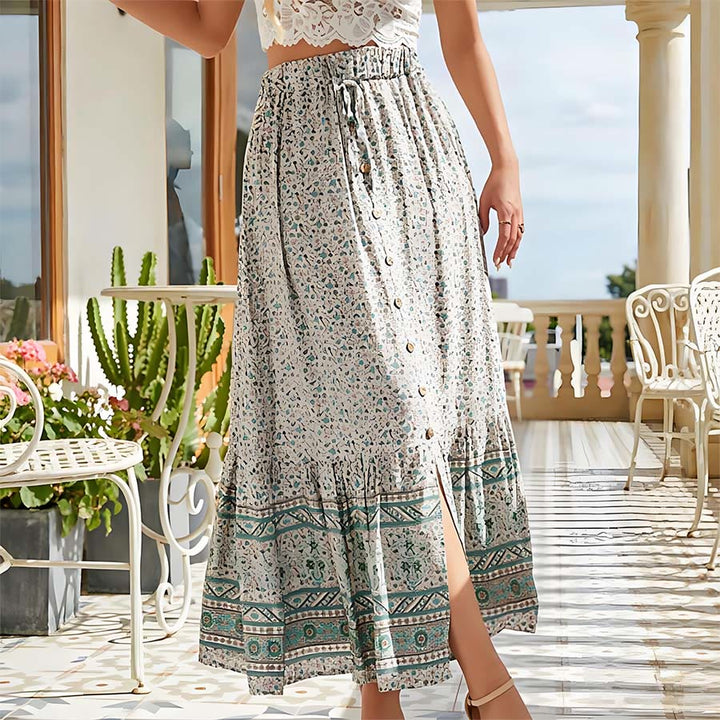 Abito lungo da donna Olivenorma con stampa floreale bohémien, vita alta, coulisse e bottoni, a balze. - image 4