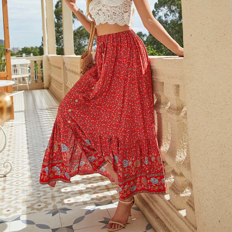 Abito lungo da donna Olivenorma con stampa floreale bohémien, vita alta, coulisse e bottoni, a balze. - image 16