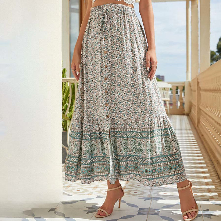 Abito lungo da donna Olivenorma con stampa floreale bohémien, vita alta, coulisse e bottoni, a balze. - image 1