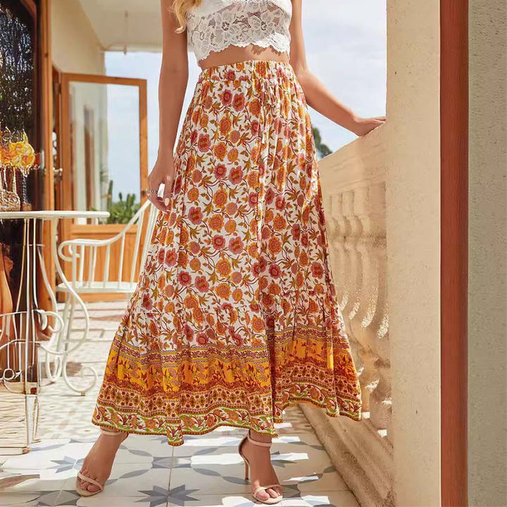 Abito lungo da donna Olivenorma con stampa floreale bohémien, vita alta, coulisse e bottoni, a balze. - image 9